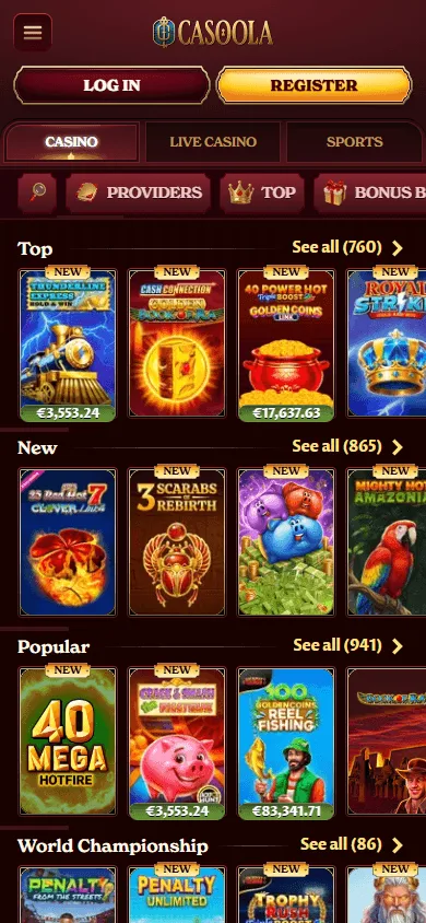 Casoola Casino games area on a mobile device