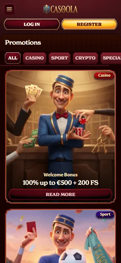 Casoola Casino promotions area on a mobile device