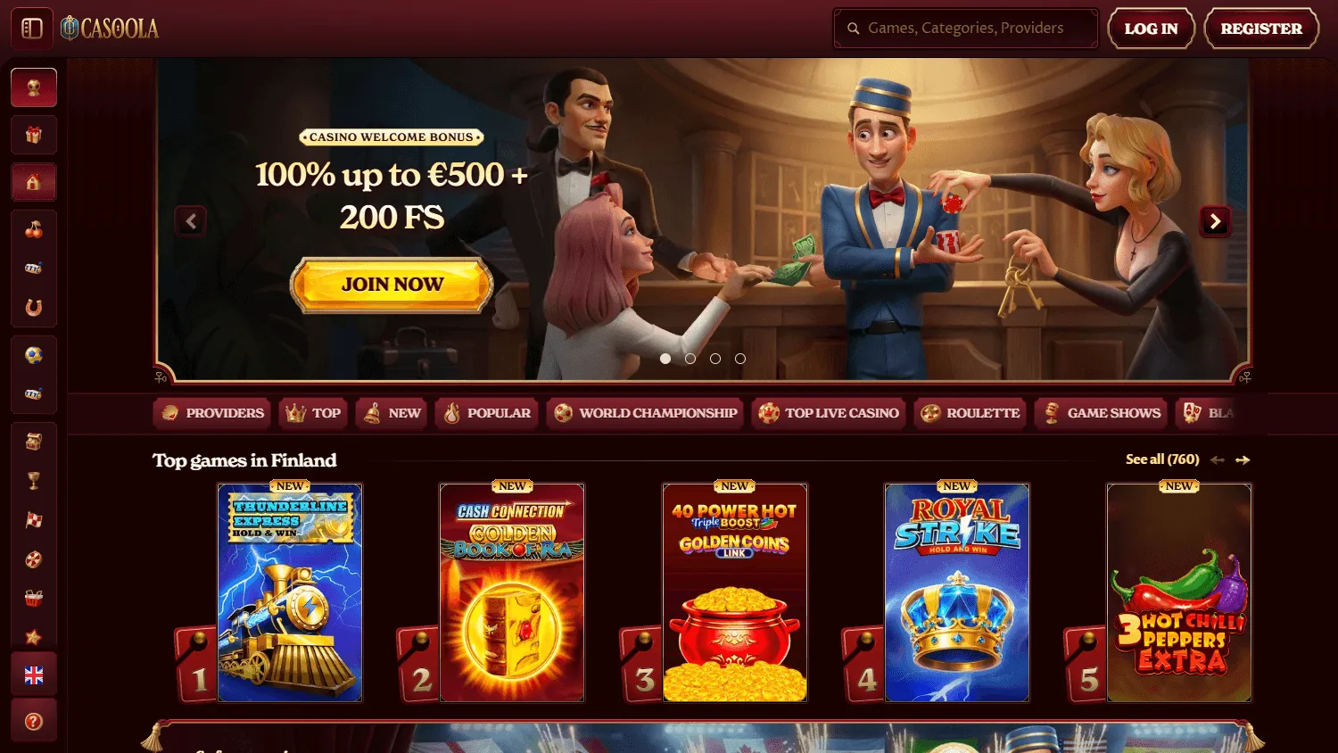 Casoola Casino home page on desktop