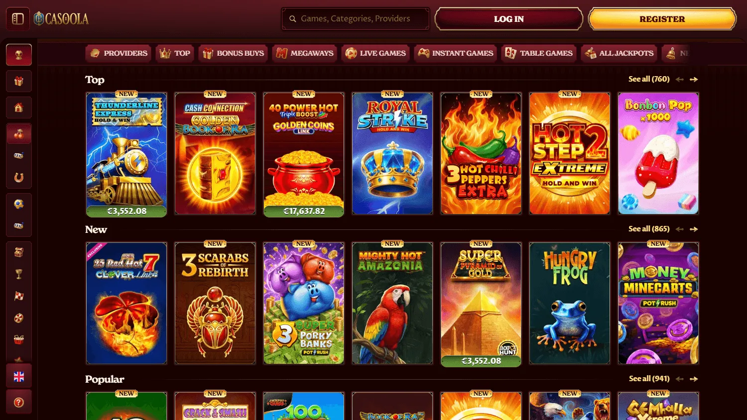 Casoola Casino games area on desktop